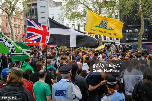Count Dankula Supporters gather in Leicester Square in London, on 23 April 2018 to protest Free Speech Laws that saw Dankula get fined. Youtuber Mark...