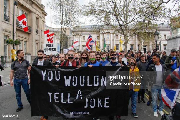Count Dankula supporters march through Central London on 23 April 2018 to protest Free Speech Laws that saw Dankula get fined.Youtuber Mark Meechan,...