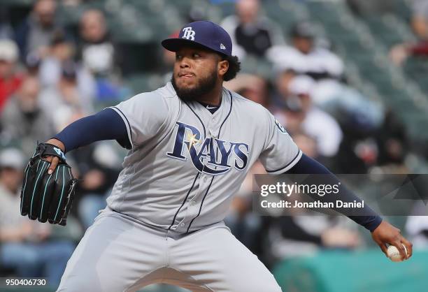 Jose Alvarado of the Tampa Bay Rays pitches against the Chicago White Sox at Guaranteed Rate Field on April 11, 2018 in Chicago, Illinois. The White...
