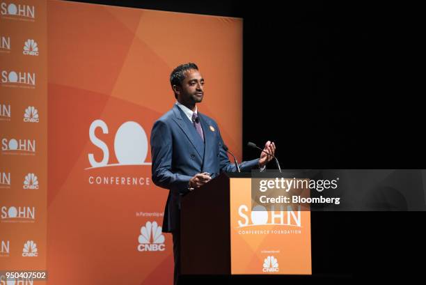 Chamath Palihapitiya, co-founder and chief executive officer of Social+Capital Partnership LLC, speaks at the 23rd annual Sohn Investment Conference...