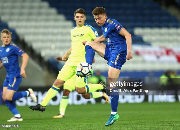 Harvey Barnes of Leicester City scores his sides second goal during the Premier league 2 match between Leicester City and Derby County at King Power...