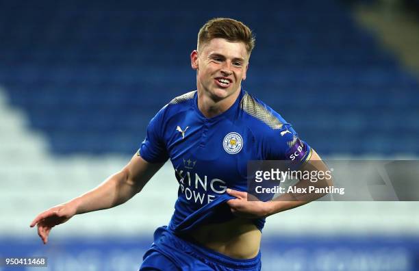 Harvey Barnes of Leicester City celebrates after scoring his sides second goal during the Premier league 2 match between Leicester City and Derby...