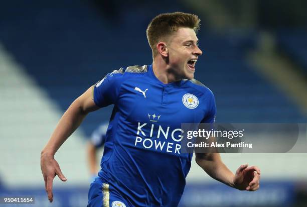 Harvey Barnes of Leicester City celebrates after scoring his sides second goal during the Premier league 2 match between Leicester City and Derby...