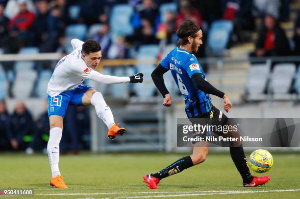 David Moberg Karlsson of IFK Norrkoping scores the opening goal to 1-0 during the Allsvenskan match between IFK Norrkoping and IK Sirius FK on April...