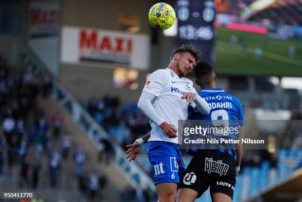 Linus Wahlqvist of IFK Norrkoping and Omar Eddahri of IK Sirius FK competes for the ball during the Allsvenskan match between IFK Norrkoping and IK...