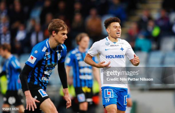 Jordan Larsson of IFK Norrkoping reacts during the Allsvenskan match between IFK Norrkoping and IK Sirius FK on April 23, 2018 at Ostgotaporten,...