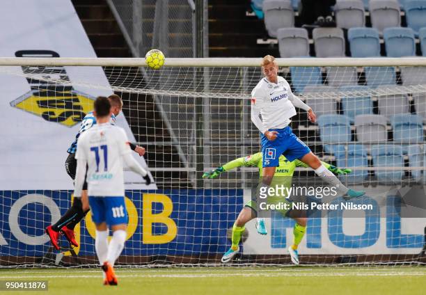 Filip Dagerstal of IFK Norrkoping shoots a header during the Allsvenskan match between IFK Norrkoping and IK Sirius FK on April 23, 2018 at...