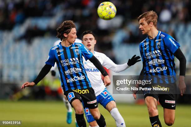 Axel Bjornstrom and Oscar Pehrsson of IK Sirius FK during the Allsvenskan match between IFK Norrkoping and IK Sirius FK on April 23, 2018 at...