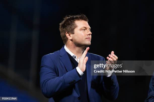 Jens Gustafsson, head coach of IFK Norrkoping cheers to the fans after the Allsvenskan match between IFK Norrkoping and IK Sirius FK on April 23,...