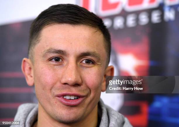 Gennady Golovkin speaks of Kazakhstan speaks to the press during a media workout before his middleweight fight against Vanes Martirosyan at the...