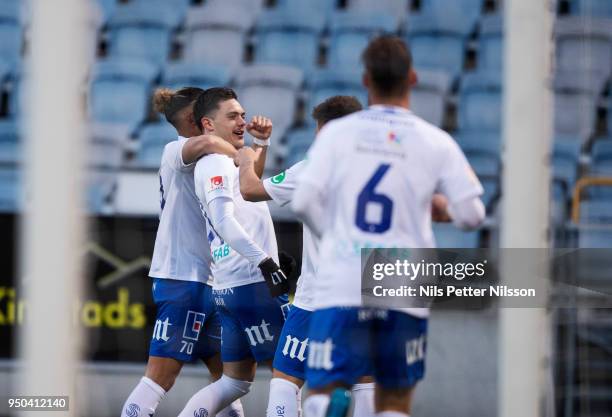 David Moberg Karlsson of IFK Norrkoping celebrates after scoring to 1-0 during the Allsvenskan match between IFK Norrkoping and IK Sirius FK on April...