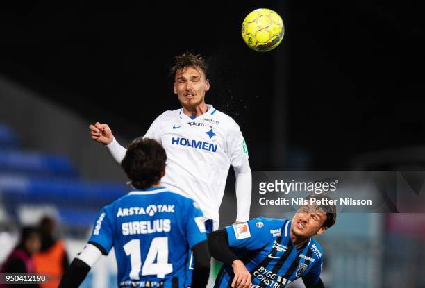 Linus Wahlqvist of IFK Norrkoping shoots a header during the Allsvenskan match between IFK Norrkoping and IK Sirius FK on April 23, 2018 at...