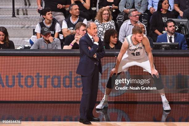 Assistant Coach Ettore Messina of the San Antonio Spurs looks on during the game against the Golden State Warriors in Game Three of Round One of the...