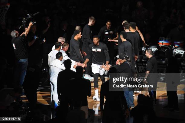 Rudy Gay of the San Antonio Spurs is introduced before the game against the Golden State Warriors in Game Three of Round One of the 2018 NBA Playoffs...