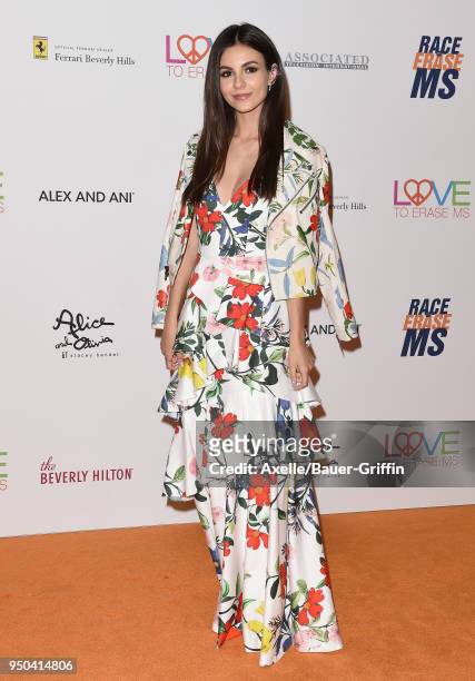 Actress Victoria Justice arrives at the 25th Annual Race to Erase MS Gala at The Beverly Hilton Hotel on April 20, 2018 in Beverly Hills, California.