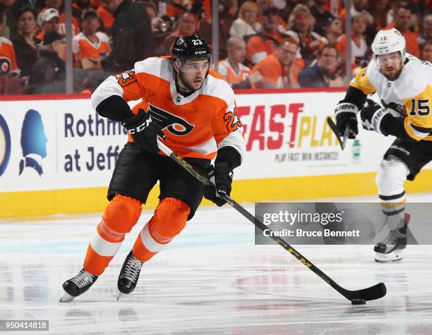 Brandon Manning of the Philadelphia Flyers skates against the Pittsburgh Penguins in Game Six of the Eastern Conference First Round during the 2018...