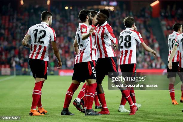 Raul Garcia of Athletic Bilbao celebrates 1-0 with Unai Nunez of Athletic Bilbao during the La Liga Santander match between Athletic de Bilbao v...