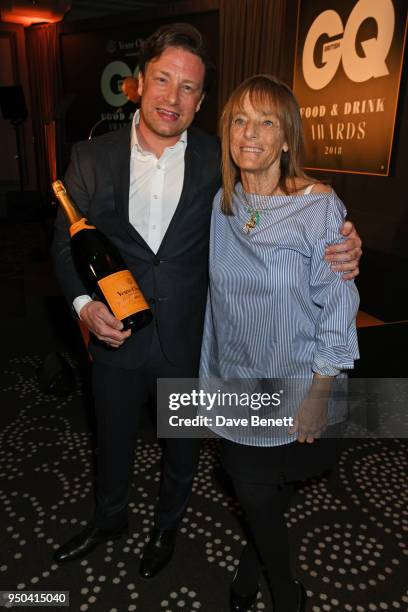 Jamie Oliver and Lady Ruth Rogers, winner of the Lifetime Achievement award, attend the GQ Food & Drink Awards at Rosewood London on April 23, 2018...