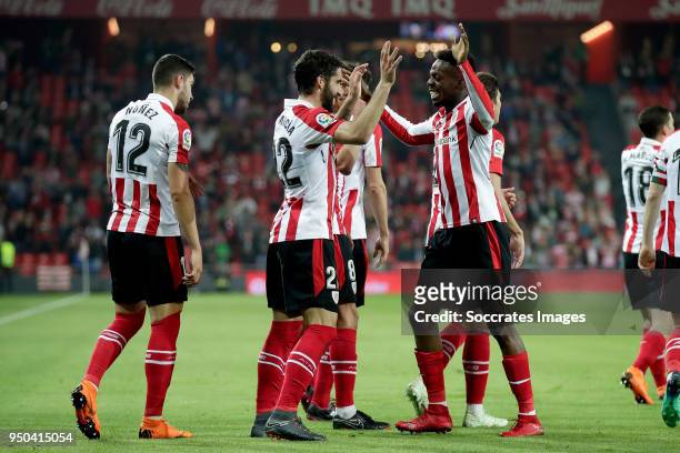 Raul Garcia of Athletic Bilbao celebrates 1-0 with Unai Nunez of Athletic Bilbao during the La Liga Santander match between Athletic de Bilbao v...