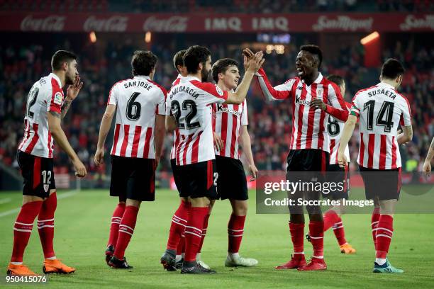 Raul Garcia of Athletic Bilbao celebrates 1-0 with Unai Nunez of Athletic Bilbao during the La Liga Santander match between Athletic de Bilbao v...