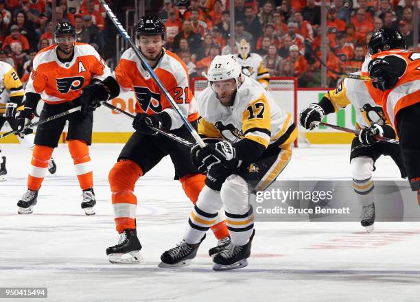 Bryan Rust of the Pittsburgh Penguins skates against the Philadelphia Flyers in Game Six of the Eastern Conference First Round during the 2018 NHL...
