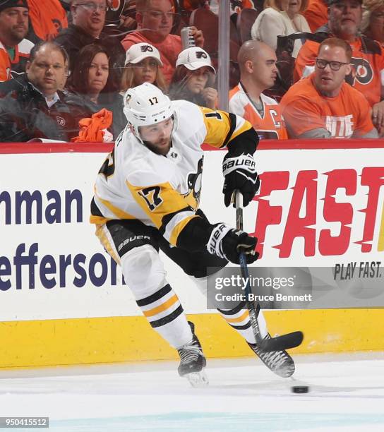 Bryan Rust of the Pittsburgh Penguins skates against the Philadelphia Flyers in Game Six of the Eastern Conference First Round during the 2018 NHL...