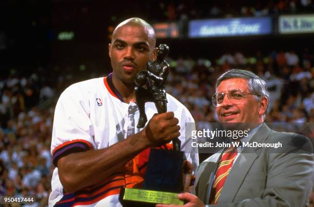 Playoffs: NBA commissioner David Stern presenting MVP trophy to Phoenix Suns Charles Barkley before game vs Seattle SuperSonics at America West...