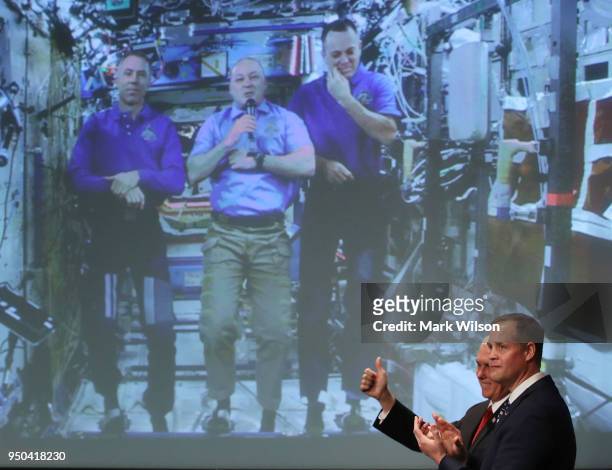 Jim Bridenstine , and Vice President Mike Pence, speak to astronauts aboard the International Space Station, after Bridenstine was sworn in as NASA's...