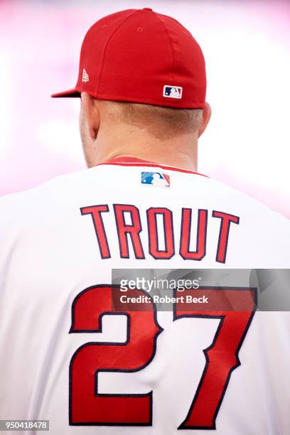 Rear closeup view of Los Angeles Angels Mike Trout during game vs Boston Red Sox at Angel Stadium. Anaheim, CA 4/17/2018 CREDIT: Robert Beck