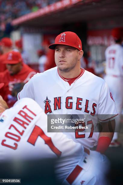 Los Angeles Angels Mike Trout in dugout during game vs Boston Red Sox at Angel Stadium. Anaheim, CA 4/17/2018 CREDIT: Robert Beck