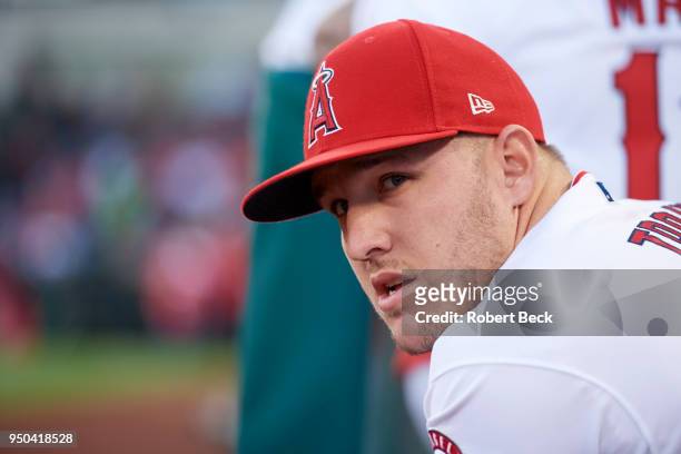 Closeup of Los Angeles Angels Mike Trout in dugout during game vs Boston Red Sox at Angel Stadium. Anaheim, CA 4/17/2018 CREDIT: Robert Beck