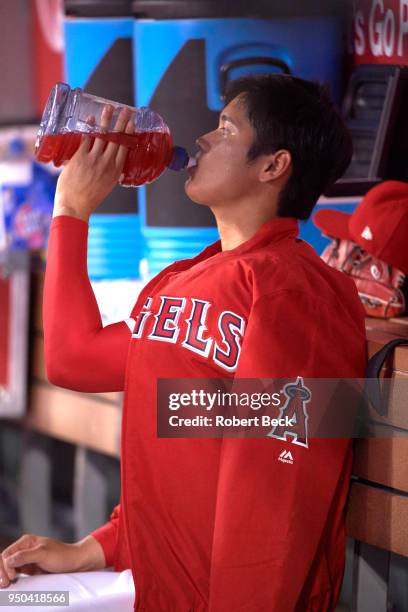 Los Angeles Angels Shohei Ohtani in dugout during game vs Boston Red Sox at Angel Stadium. Anaheim, CA 4/17/2018 CREDIT: Robert Beck