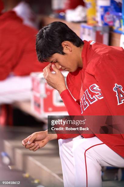 Los Angeles Angels Shohei Ohtani in dugout during game vs Boston Red Sox at Angel Stadium. Anaheim, CA 4/17/2018 CREDIT: Robert Beck