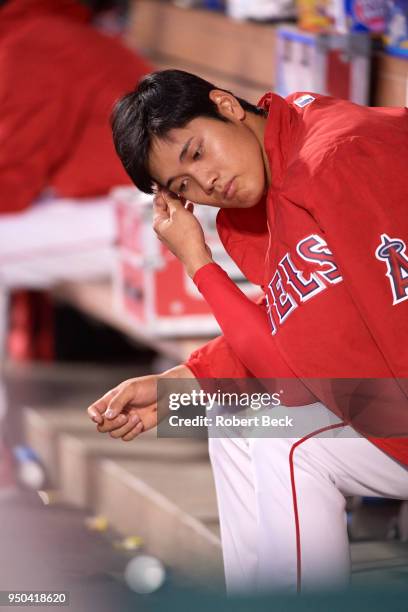 Los Angeles Angels Shohei Ohtani in dugout during game vs Boston Red Sox at Angel Stadium. Anaheim, CA 4/17/2018 CREDIT: Robert Beck