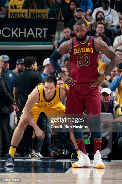 Bojan Bogdanovic of the Indiana Pacers and LeBron James of the Cleveland Cavaliers look on during the game in Game Four of Round One of the 2018 NBA...