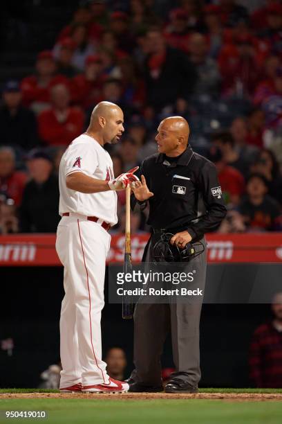 Los Angeles Angels Albert Pujols arguing with home plate umpire Vic Carapazza during game vs Boston Red Sox at Angel Stadium. Anaheim, CA 4/17/2018...
