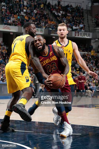LeBron James of the Cleveland Cavaliers drives to the basket against the Indiana Pacers in Game Four of Round One of the 2018 NBA Playoffs on April...