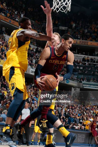 Jordan Clarkson of the Cleveland Cavaliers goes to the basket against the Indiana Pacers in Game Four of Round One of the 2018 NBA Playoffs on April...