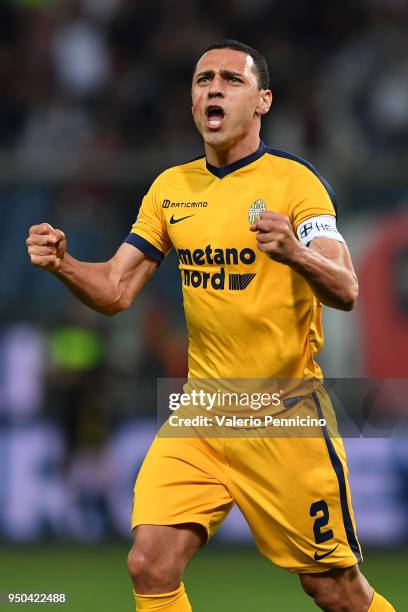 Romulo of Hellas Verona FC celebrates a goal during the Serie A match between Genoa CFC and Hellas Verona FC at Stadio Luigi Ferraris on April 23,...