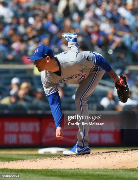 John Axford of the Toronto Blue Jays in action against the New York Yankees at Yankee Stadium on April 21, 2018 in the Bronx borough of New York...