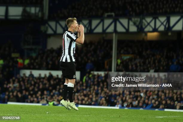 Matt Ritchie of Newcastle United reacts during the Premier League match between Everton and Newcastle United at Goodison Park on April 23, 2018 in...