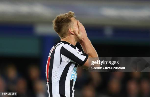 Matt Ritchie of Newcastle United reacts after a missed chance during the Premier League match between Everton and Newcastle United at Goodison Park...