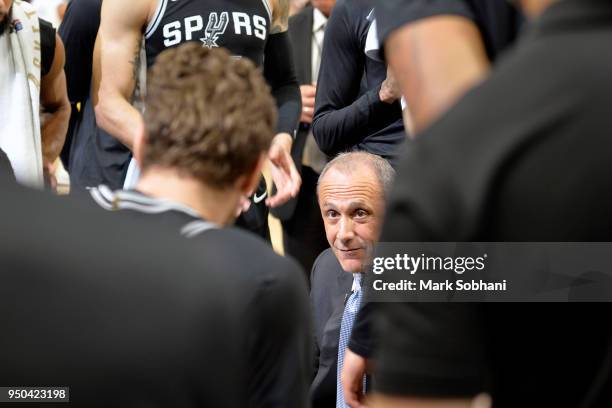 Assistant Coach Ettore Messina of the San Antonio Spurs speaks to the team in Game Four of the Western Conference Quarterfinals against the Golden...