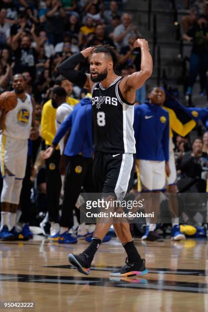 Patty Mills of the San Antonio Spurs reacts to a play against the Golden State Warriors in Game Four of the Western Conference Quarterfinals during...
