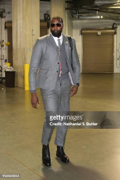 Kendrick Perkins of the Cleveland Cavaliers arrives before the game against the Indiana Pacers in Game Three of Round One of the 2018 NBA Playoffs on...