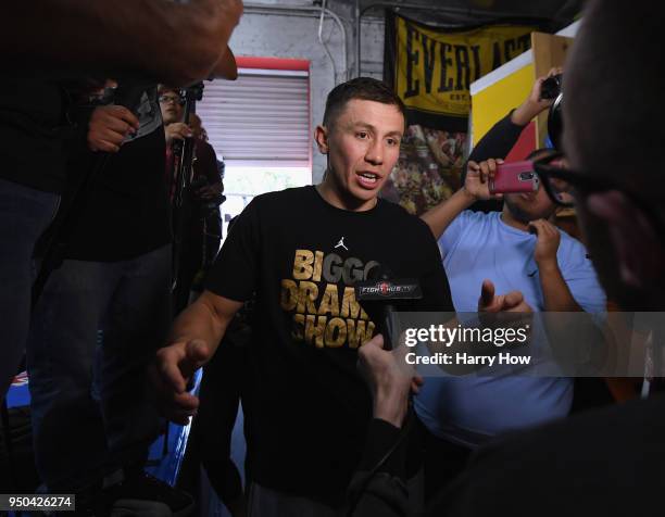 Gennady Golovkin of Kazakhstan speaks to the press during a media workout before his middleweight fight against Vanes Martirosyan at the Glendale...