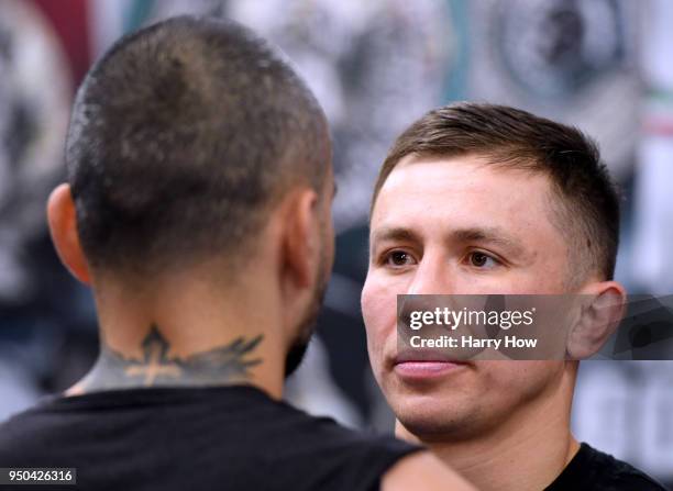 Gennady Golovkin of Kazakhstan faces off with Vanes Martirosyan during a media workout at the Glendale Fighting Club on April 23, 2018 in Glendale,...