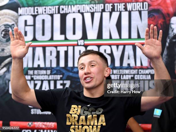 Gennady Golovkin of Kazakhstan jokes with the press during a media workout before his middleweight fight against Vanes Martirosyan at the Glendale...