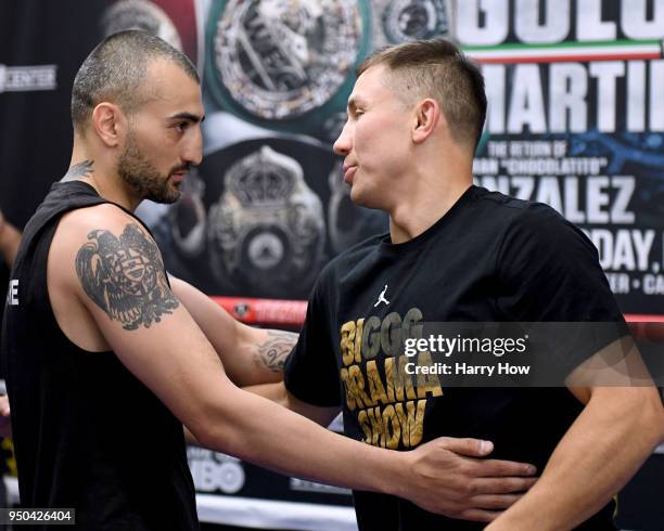 Vanes Martirosyan greets Gennady Golovkin of Kazakhstan in the ring during a media workout at the Glendale Fighting Club on April 23, 2018 in...