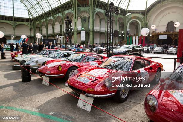 Dino 246 GT 1973 is seen during the Tour Auto Optic 2000 at Le Grand Palais on April 23, 2018 in Paris, France.